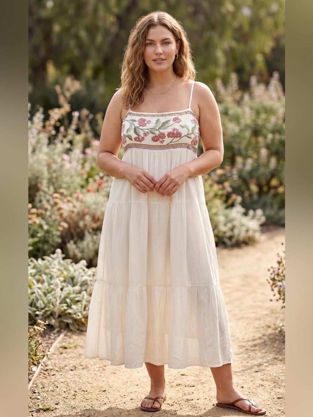 In‎ Loom Floral Embroidered Tiered Maxi Dress - White/Lavender - Size Large